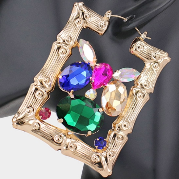 Gold Crystal Rectangle Bamboo Doorknocker Hoop Earrings Trendy Fashion Accessory - Picture 2 of 2